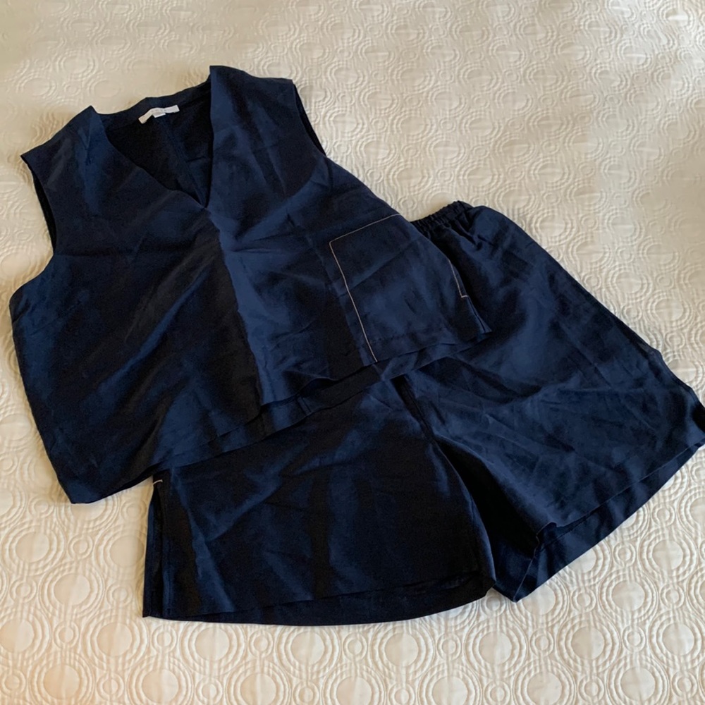 NWT Lunya Navy Resort Luxury Linen Washable Silk Shorts Tank V-neck Sleep set M